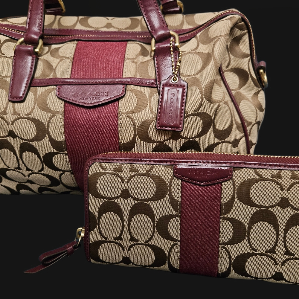 Coach Signature Canvas Tote and Wallet - Brown and Burgundy